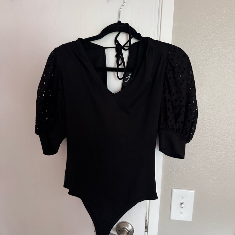 Lulu's Black Asymmetrical Tie Front Bodysuit